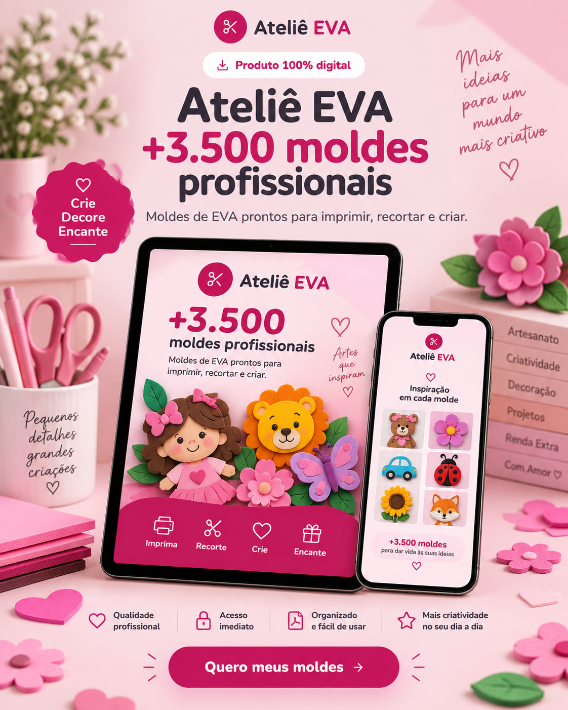 Mockup do Ateliê EVA com tablet e celular apresentando a coleção de mais de 3.500 moldes profissionais