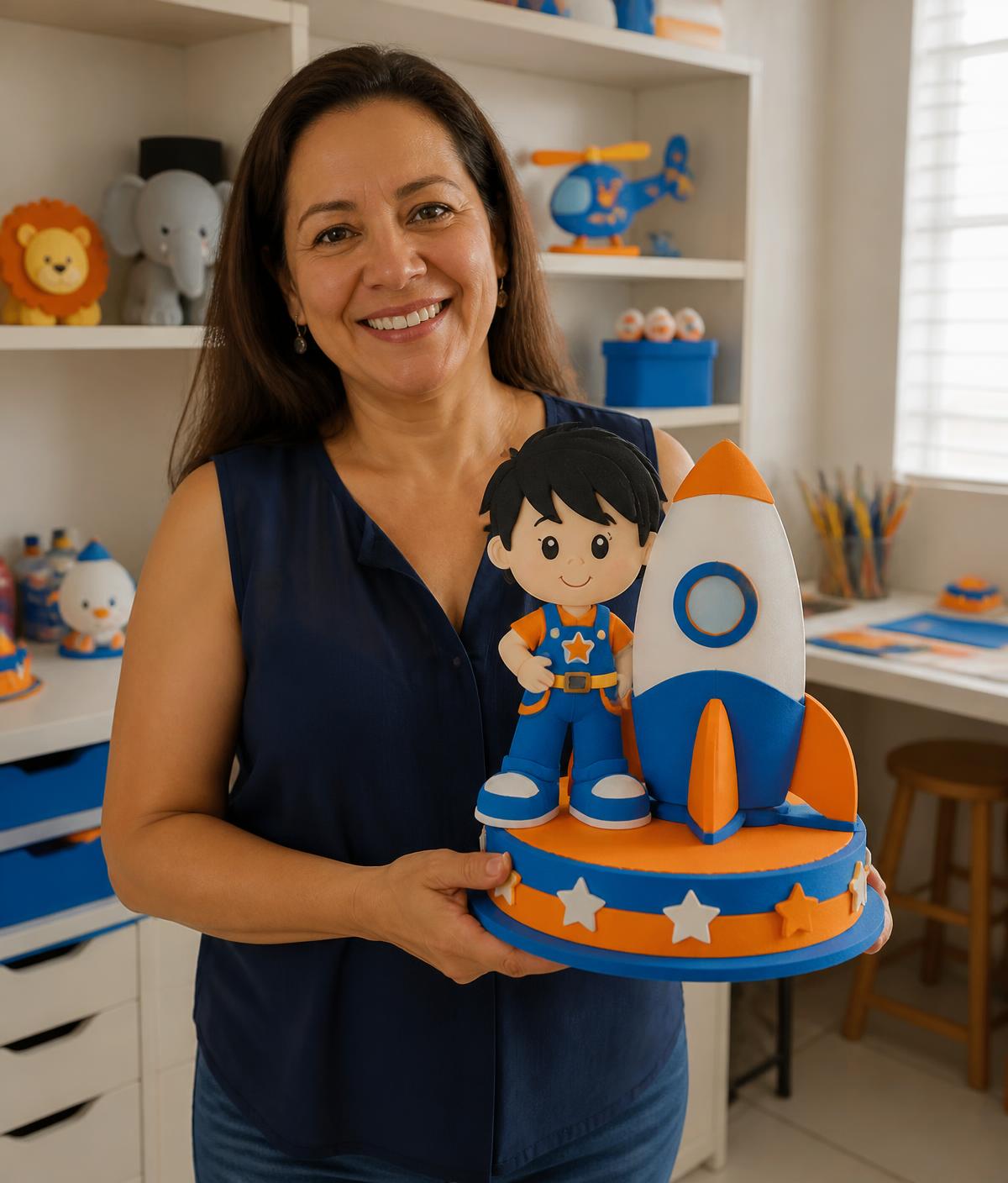Artesã apresentando uma decoração de foguete feita em EVA